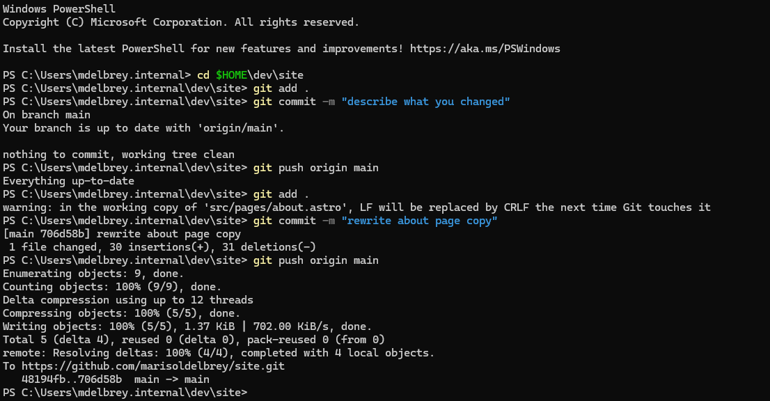 A Windows PowerShell window showing a run of git commands from the site project
folder: git add, git commit with a message, and git push origin main, including a
warning about LF line endings being replaced by CRLF and a successful push to the
GitHub repository.